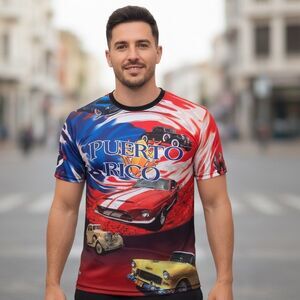 E&L Export Fashion T-Shirt Mens L Multicolor Puerto Rico Flag Cars Print